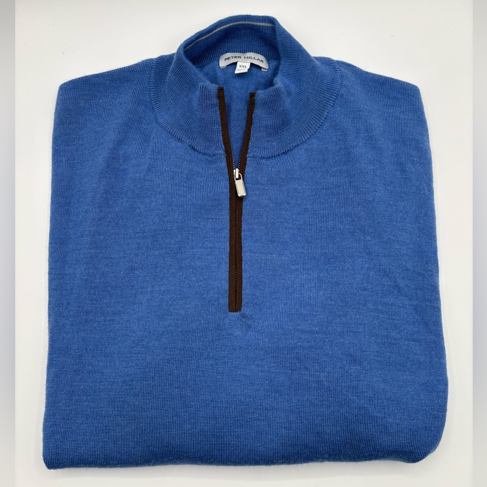 Peter Millar Golf Sweater Mens XXL Merino Wool Blend 1/4 Zip Pullover Knit Blue